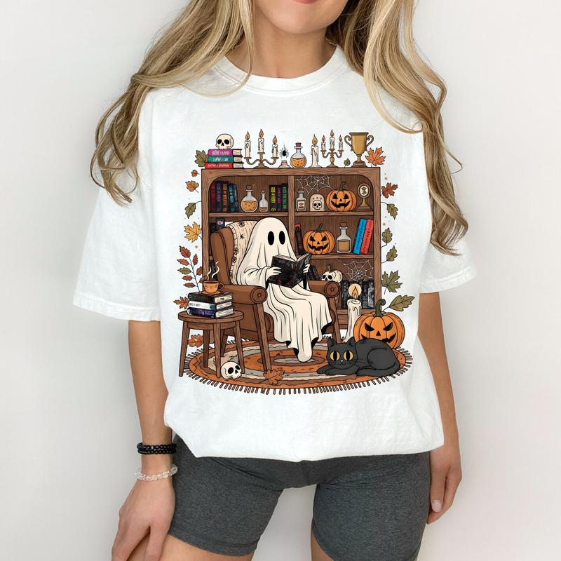Retro Cozy Ghost Reading Halloween T-Shirt, Haunting Adeline Sweatshirt, Fall Library Boo Ghost Hoodie
