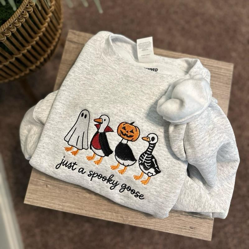 Spooky Goose Halloween Fall Embroidered Sweatshirt Pumpkins Skeleton Geese Spooky Season Unisex