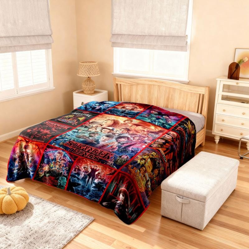 Stranger Things Theme Throw Blanket, Bold Poster-Style Artwork, Vivid Sci-Fi Energy, Soft and Cozy, Perfect for Sofa Bed or Décor, Heartwarming Blanket Gift