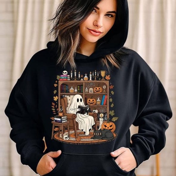 Retro Cozy Ghost Reading Halloween T-Shirt, Haunting Adeline Sweatshirt, Fall Library Boo Ghost Hoodie