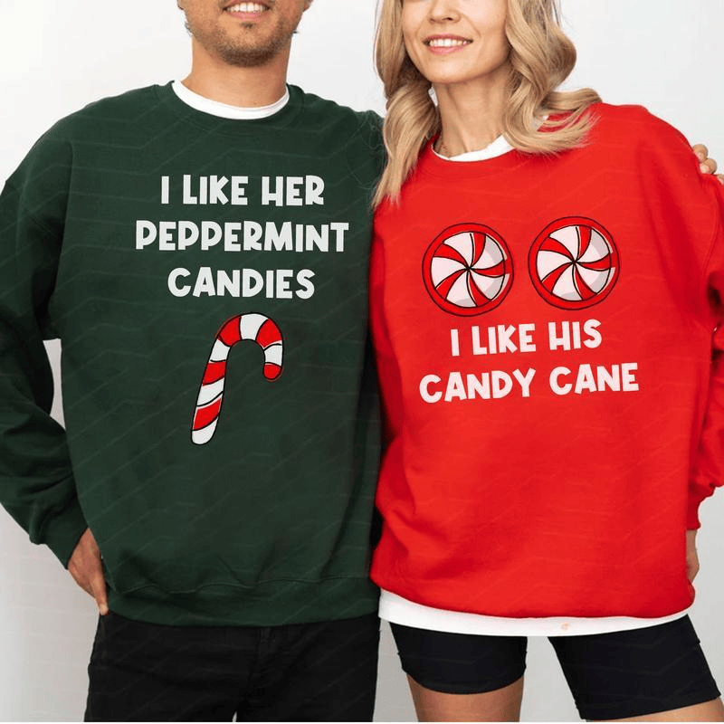 Funny Christmas Couples Sweatshirt, I Like Her Peppermint Candies Shirt, I Like His Candy Cane , Matching X-mas Husband Wife Sweatshirt Gift