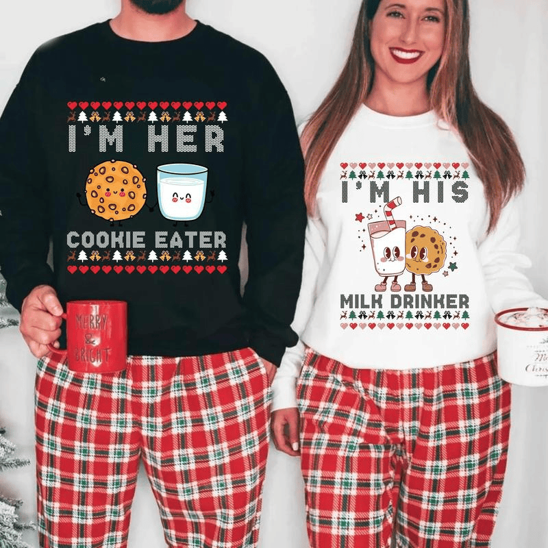 Matching Christmas Sweatshirt – Cookie Eater & Milk Drinker Couple Sweatshirt, Matching Christmas Couple Sweaters Funny, Holiday Couples Sweatshirt, Funny Christmas Hoodie for Couples, Matching Christmas Party