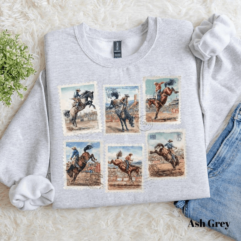 Rodeo Sweatshirt Bucking Horse Western Cowboy Crewneck Vintage Rodeo Stamp Sweater Country Cowgirl Sweatshirt Rustic Western Gift