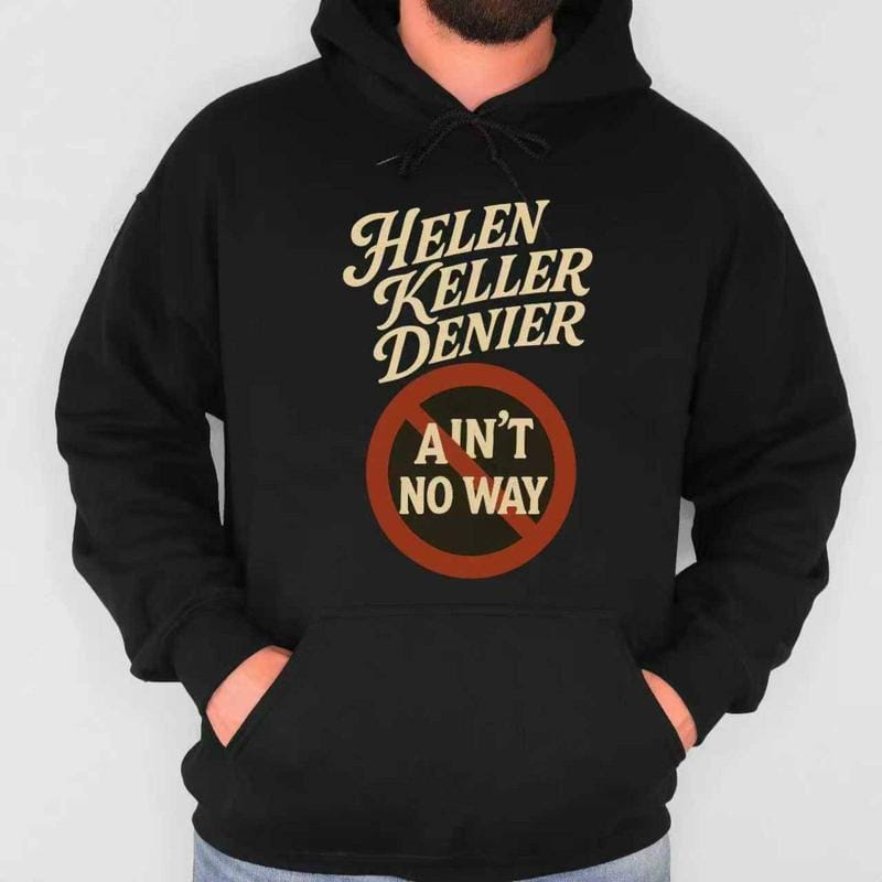 Vintage Washed Black T - shirt with Cream "Helen Keller Denier" Text and Red "Ain't No Way" Prohibition Symbol