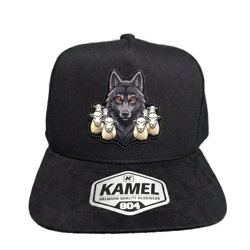 Alpha Wolf Hat Lobo Entre Ovejas Corrido Style Snapback Premium Black & White Cap with Wolf Patch