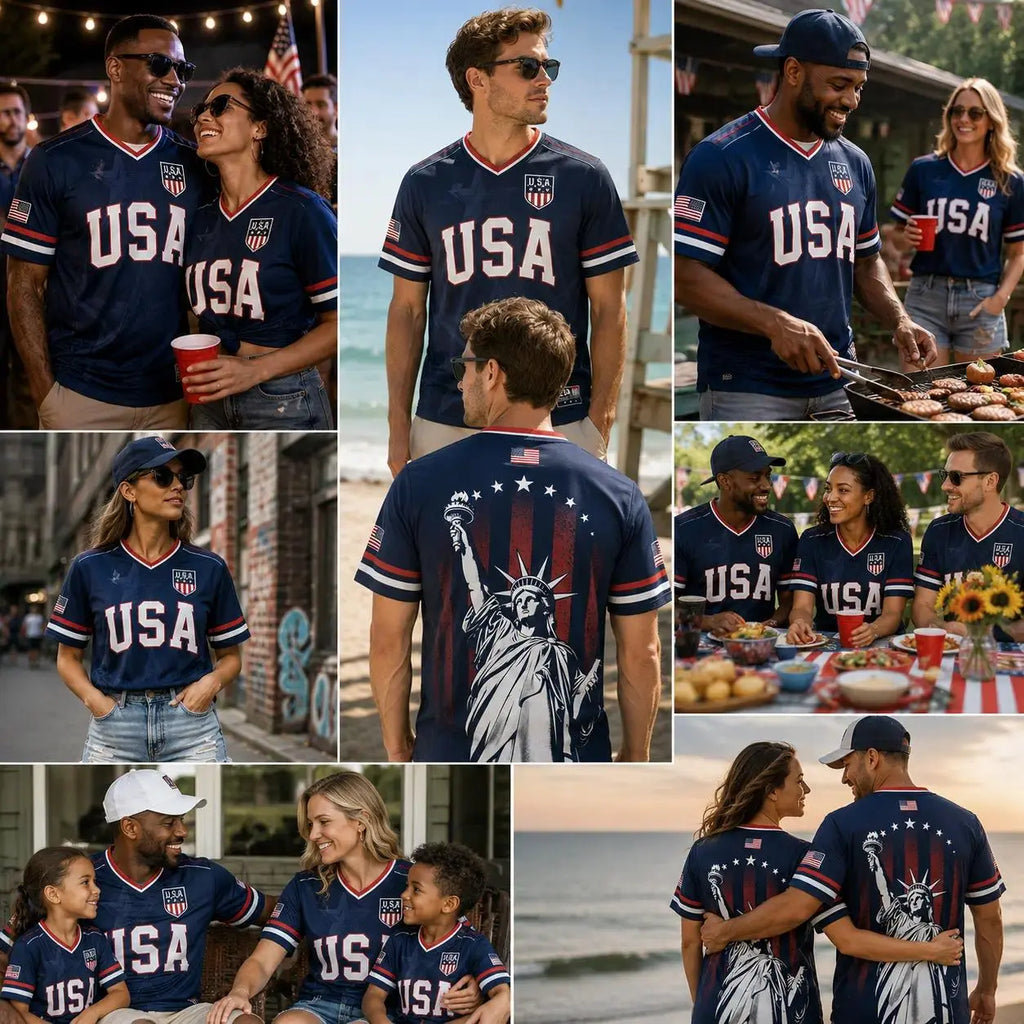 USA Flag Soccer Jersey for Men & Women with Statue of Liberty Graphic V-Neck Athletic Tee
