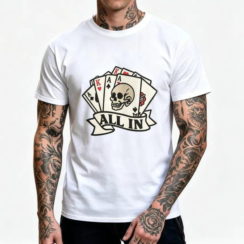 Vintage Poker Skull Graphic T-Shirt for Men – Retro Playing Cards Cotton Crew Neck Tee