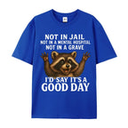 Women's Plus Size Funny Raccoon T-Shirt - "Not in Jail... Good Day" Sarcastic Graphic Tee - Soft Black Casual Top