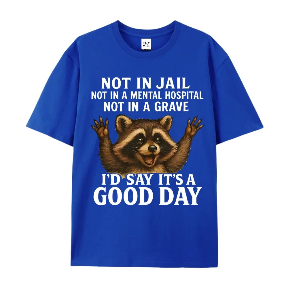 Women's Plus Size Funny Raccoon T-Shirt - "Not in Jail... Good Day" Sarcastic Graphic Tee - Soft Black Casual Top