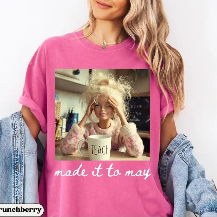 Comfort Colors Last Day of School Teacher Doll Face Meme Shirt, Funny End of Year Graphic Tee, “Made It to May” Summer Break T-Shirt for Teachers