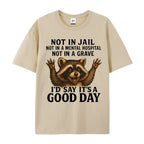 Women's Plus Size Funny Raccoon T-Shirt - "Not in Jail... Good Day" Sarcastic Graphic Tee - Soft Black Casual Top