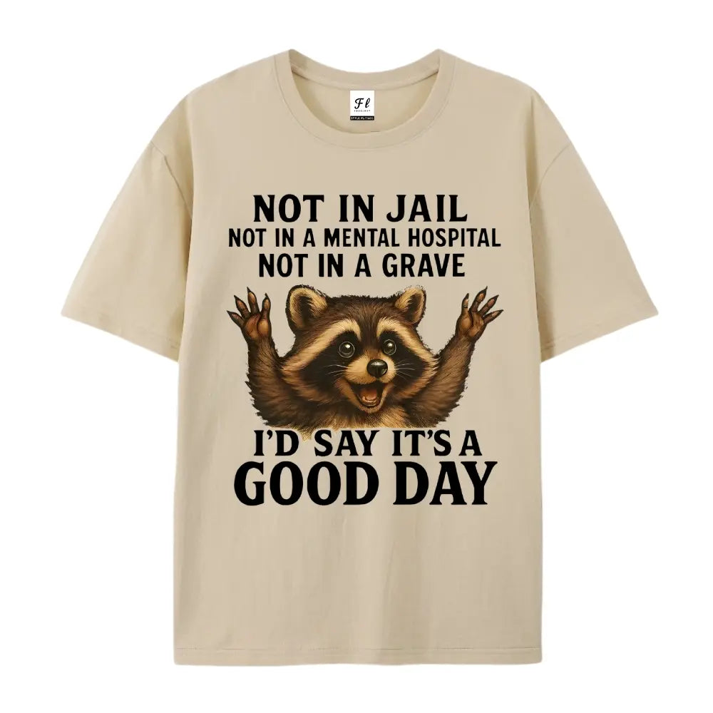 Women's Plus Size Funny Raccoon T-Shirt - "Not in Jail... Good Day" Sarcastic Graphic Tee - Soft Black Casual Top