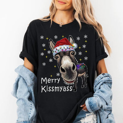 Men's Funny Donkey Santa Hat and MERRY KISSMYASS Christmas Print T-Shirt - Unisex Casual T-Shirt - Adult Humor Holiday Party Outfit