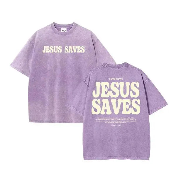 Unisex Jesus Saves Print Acid Washed T-shirt Breathable Tshirt Cotton