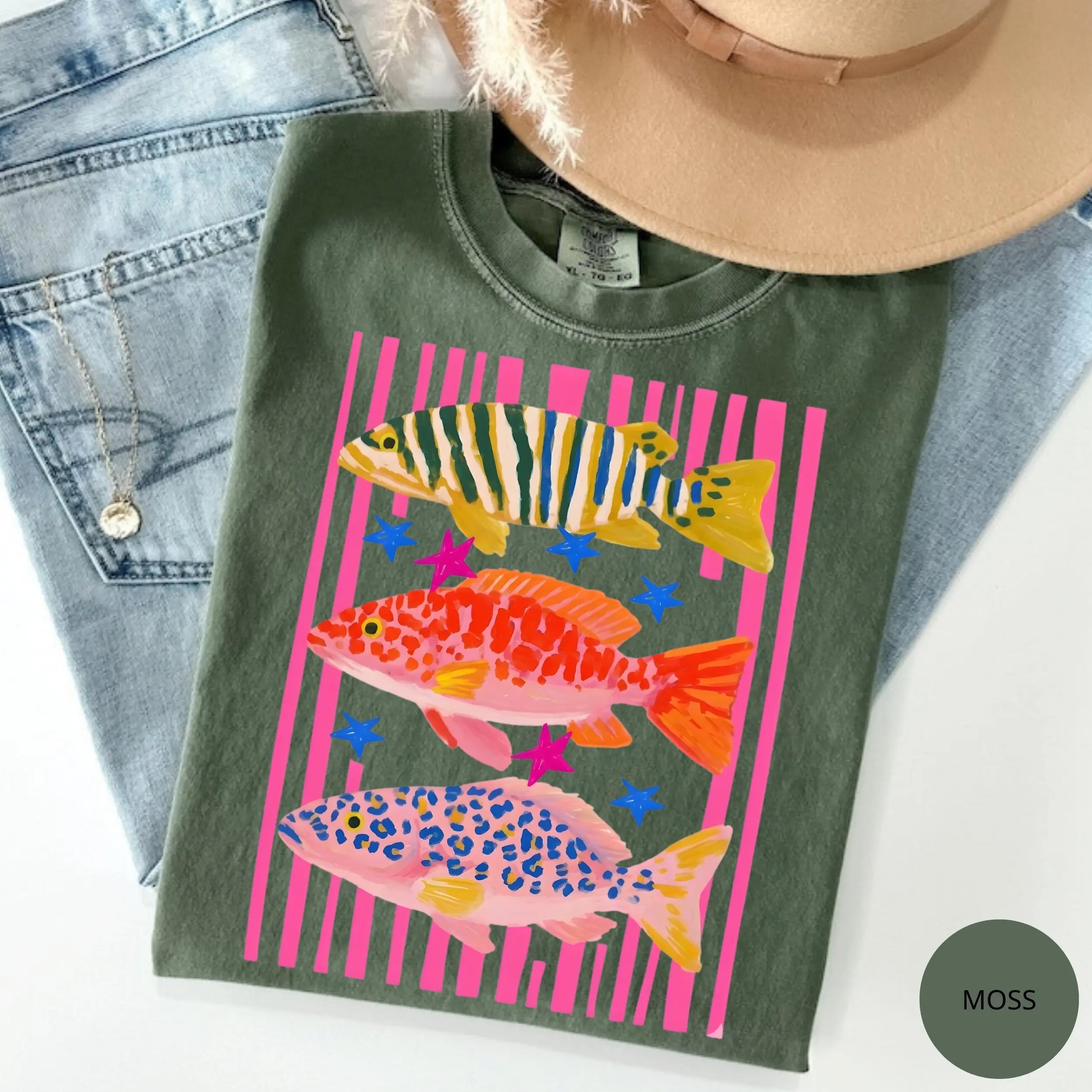 Preppy Fish Graphic T-Shirt | Colorful Summer Fishing Tee for Women Girls