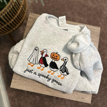 Spooky Goose Halloween Fall Embroidered Sweatshirt Pumpkins Skeleton Geese Spooky Season Unisex