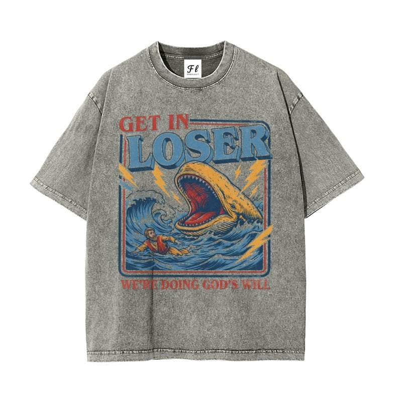 Men's Unisex Cotton Round Neck Oversized Washed T-Shirt - Christian Streetwear, Jonah and the Whale Graphic, \"Get In Loser We're Doing God's Will\" Verse, Faith Humor Fabric Style Religious Gift
