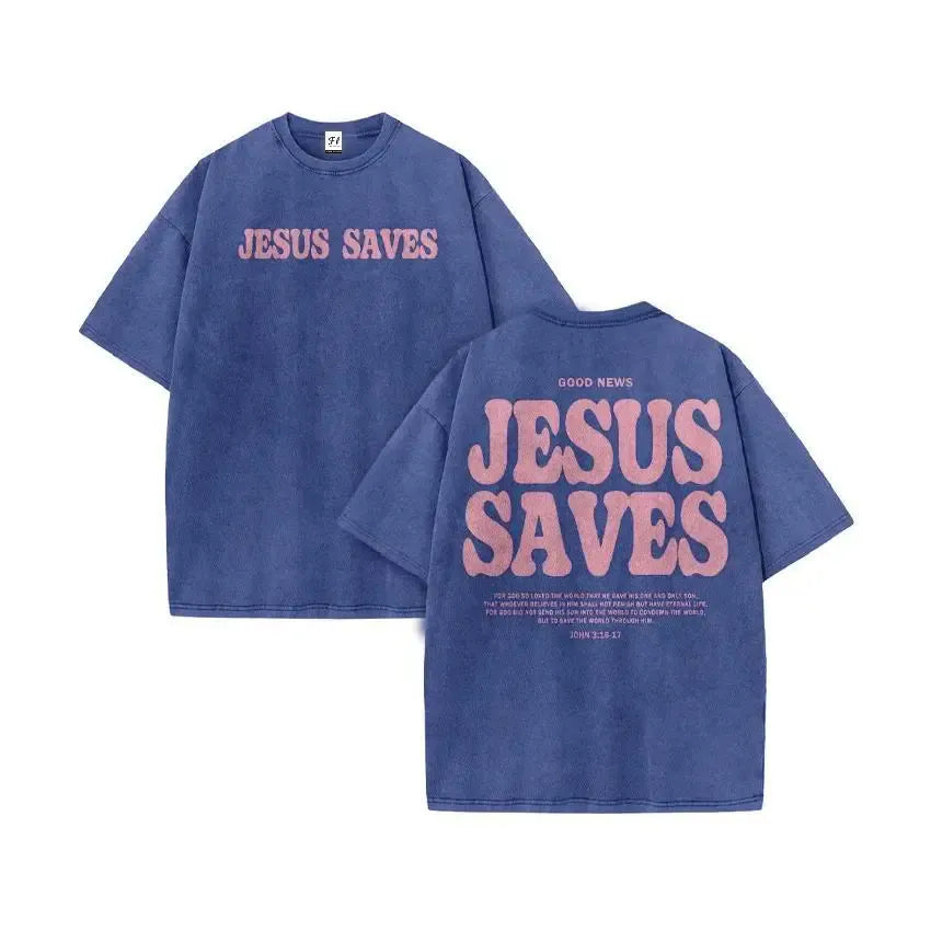 Unisex Jesus Saves Print Acid Washed T-shirt Breathable Tshirt Cotton