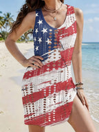 Women's American Flag Pattern Hollow Out Split Thigh Tank Dress, Star & Striped Print Scoop Neck A Line Dress for Summer, Fashion Women's Dress for Beach Holiday