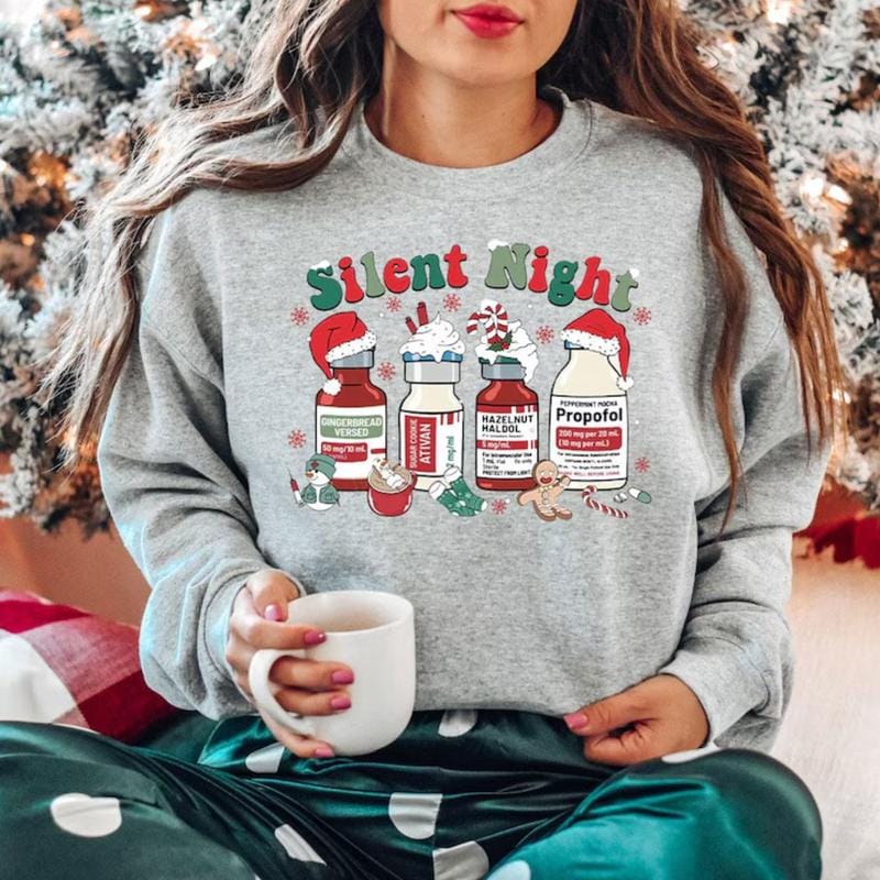 Weihnachtspullover „Stille Nacht“, Weihnachtsshirt für Krankenschwestern, Weihnachtsshirt für medizinisches Fachpersonal, Weihnachtsshirt für Intensivpflegekräfte, Weihnachtshoodie für Krankenschwestern, Geschenkidee für Pflegekräfte 