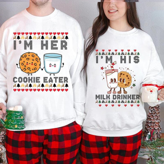 Matching Christmas Sweatshirt – Cookie Eater & Milk Drinker Couple Sweatshirt, Matching Christmas Couple Sweaters Funny, Holiday Couples Sweatshirt, Funny Christmas Hoodie for Couples, Matching Christmas Party