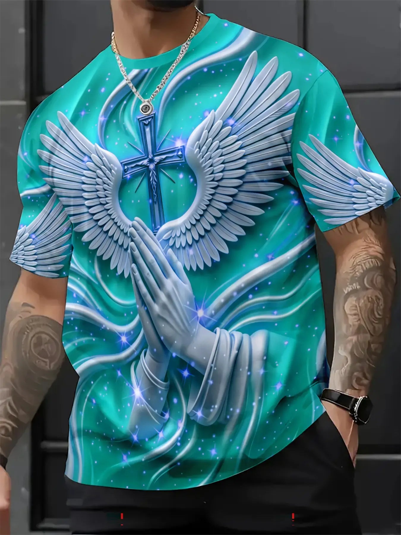 Men's 3D Cross & Angel Wings Graphic T-Shirt, Slim-Fit Short Sleeve Christian Crew Neck Summer Tee