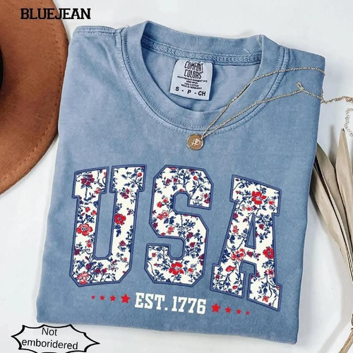 (FAUX EMBROIDERED-PRINT) Comfort Colors Floral USA Shirt, Digital Print, Not Embroidered, vinyl ink, Retro America Shirt, 4th Of July PNG, 4th Of July, Retro USA ,Soft Cotton, Unisex Fit, Classic Design Oversized Womenswear - HARSIN