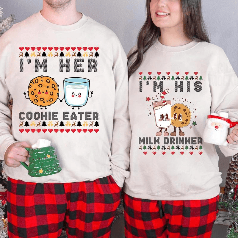 Matching Christmas Sweatshirt – Cookie Eater & Milk Drinker Couple Sweatshirt, Matching Christmas Couple Sweaters Funny, Holiday Couples Sweatshirt, Funny Christmas Hoodie for Couples, Matching Christmas Party