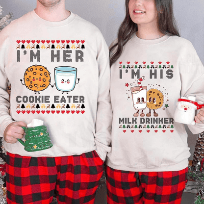 Matching Christmas Sweatshirt – Cookie Eater & Milk Drinker Couple Sweatshirt, Matching Christmas Couple Sweaters Funny, Holiday Couples Sweatshirt, Funny Christmas Hoodie for Couples, Matching Christmas Party