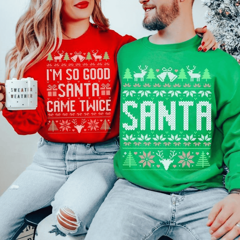 The Original Unisex Funny Couples Matching Ugly Christmas Sweater, Santa Twice, Christmas Pajamas, Couple Sweatshirt
