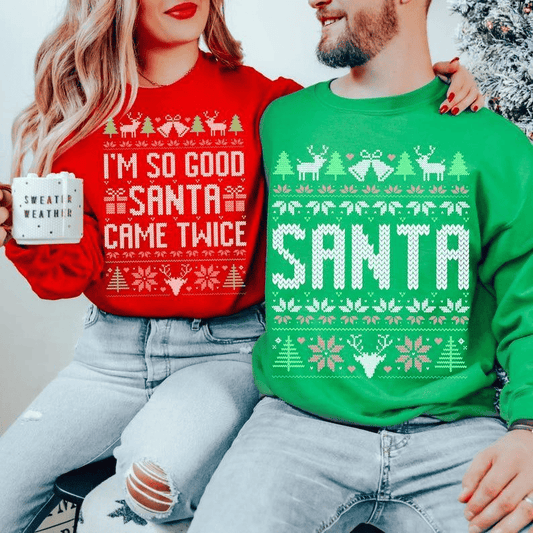 The Original Unisex Funny Couples Matching Ugly Christmas Sweater, Santa Twice, Christmas Pajamas, Couple Sweatshirt