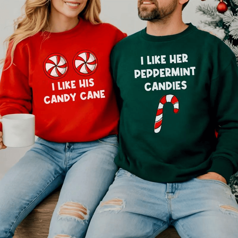 Funny Christmas Couples Sweatshirt, I Like Her Peppermint Candies Shirt, I Like His Candy Cane , Matching X-mas Husband Wife Sweatshirt Gift