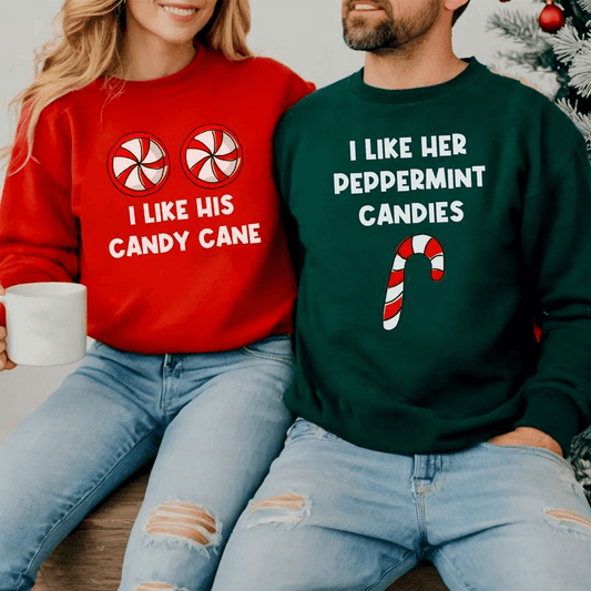 Funny Christmas Couples Sweatshirt, I Like Her Peppermint Candies Shirt, I Like His Candy Cane , Matching X-mas Husband Wife Sweatshirt Gift