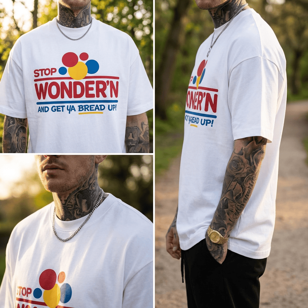 Humorous Mens Graphic TShirt Featuring Stop Wondering Get Your Bread Up Motif with Smiling Bread Slice Illustration