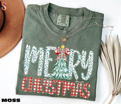 Comfort Colors Merry Christmas TShirt, Christmas Tree Tee, Christmas Girly Gift, Cute Christmas Bow Tee, Xmas Holiday TShirt, Comfort Colors T-Shirt