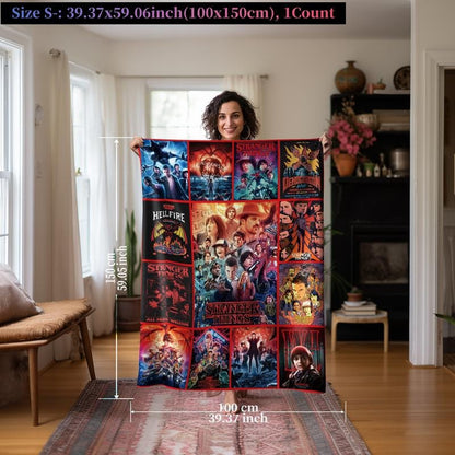 Stranger Things Theme Throw Blanket, Bold Poster-Style Artwork, Vivid Sci-Fi Energy, Soft and Cozy, Perfect for Sofa Bed or Décor, Heartwarming Blanket Gift