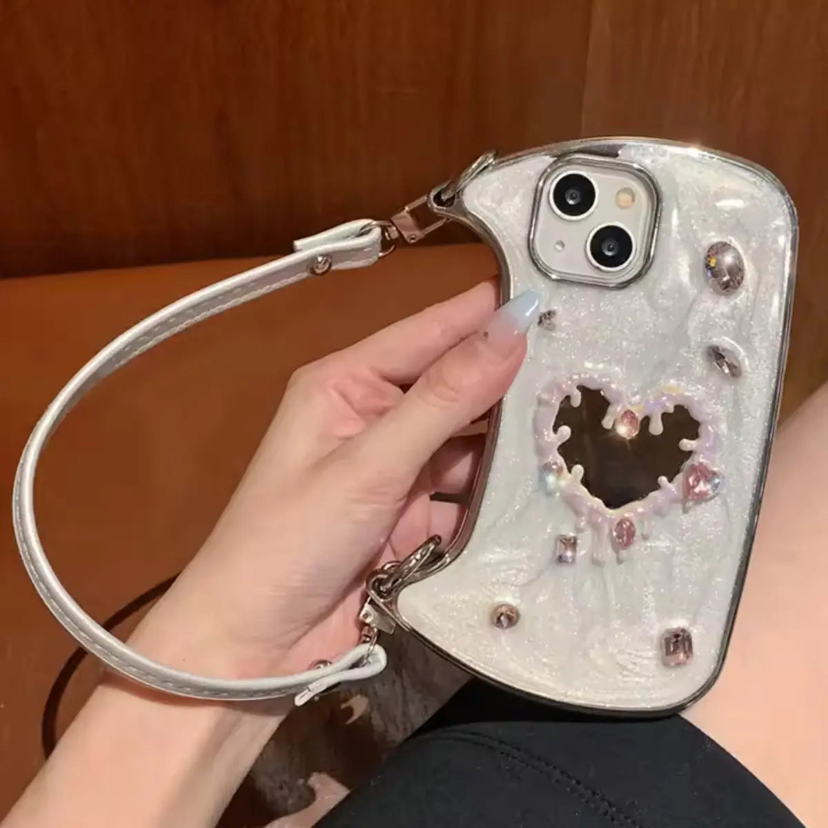 “Glitter Heart” Rhinestone iPhone Case with Hand Lanyard | Luxury Bling Phone Cover for Women Girls