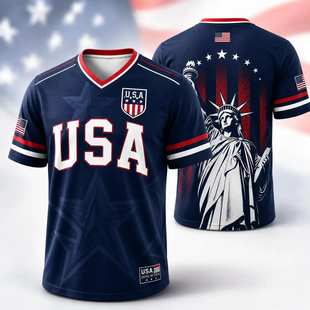 USA Flag Soccer Jersey for Men & Women with Statue of Liberty Graphic V-Neck Athletic Tee
