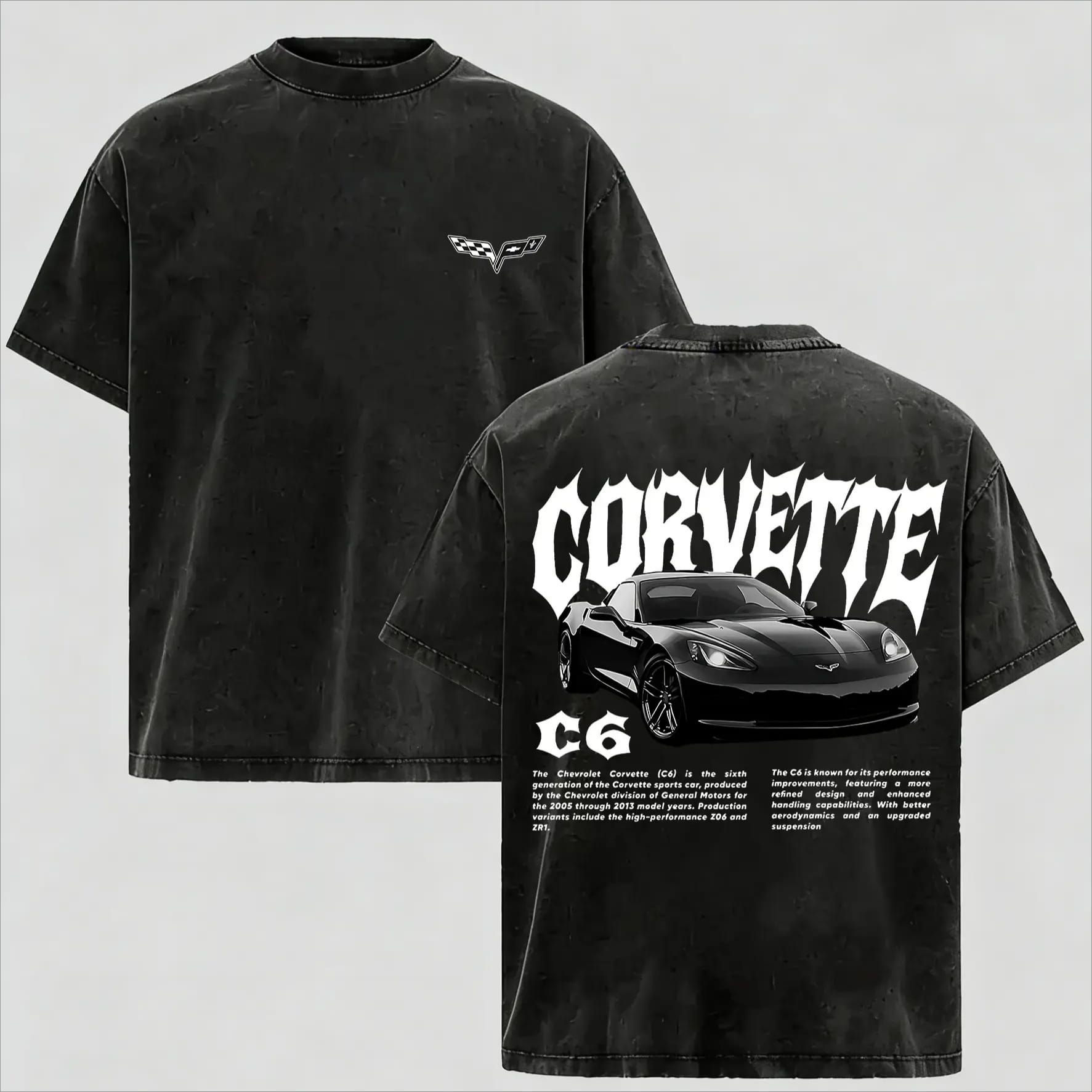 Oversized Graphic T-Shirt with Vintage Washed Corvette C6 Print, Soft Cotton Casual Streetwear for Men