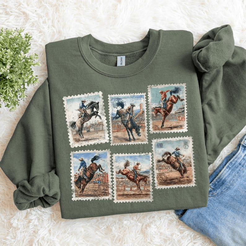 Rodeo Sweatshirt Bucking Horse Western Cowboy Crewneck Vintage Rodeo Stamp Sweater Country Cowgirl Sweatshirt Rustic Western Gift