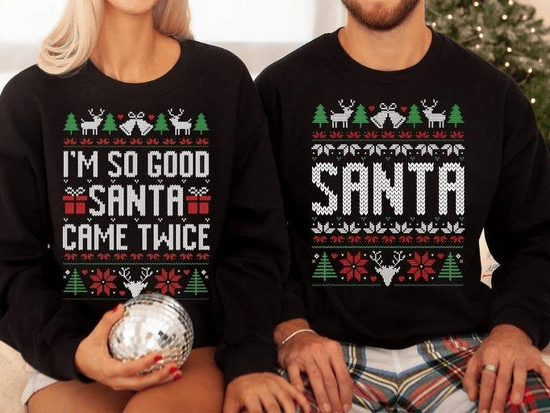 The Original Unisex Funny Couples Matching Ugly Christmas Sweater, Santa Twice, Christmas Pajamas, Couple Sweatshirt