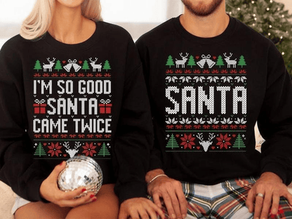 The Original Unisex Funny Couples Matching Ugly Christmas Sweater, Santa Twice, Christmas Pajamas, Couple Sweatshirt