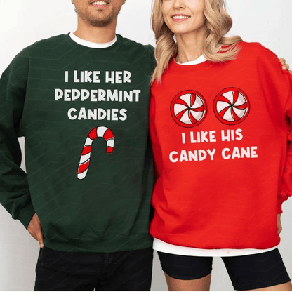 Funny Christmas Couples Sweatshirt, I Like Her Peppermint Candies Shirt, I Like His Candy Cane , Matching X-mas Husband Wife Sweatshirt Gift