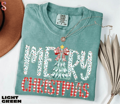 Comfort Colors Merry Christmas TShirt, Christmas Tree Tee, Christmas Girly Gift, Cute Christmas Bow Tee, Xmas Holiday TShirt, Comfort Colors T-Shirt