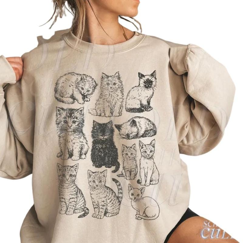 The Vintage Cat Sweatshirt, Retro Kitten Graphic Pullover, Cozy Cat Lover Gift, 90s Style Shirt, Cute Cat Mom Sweater,  Boho Unisex Crewneck Sweatshirt,  Menswear Top, Womenswear Top Underwear Streetwear Medium