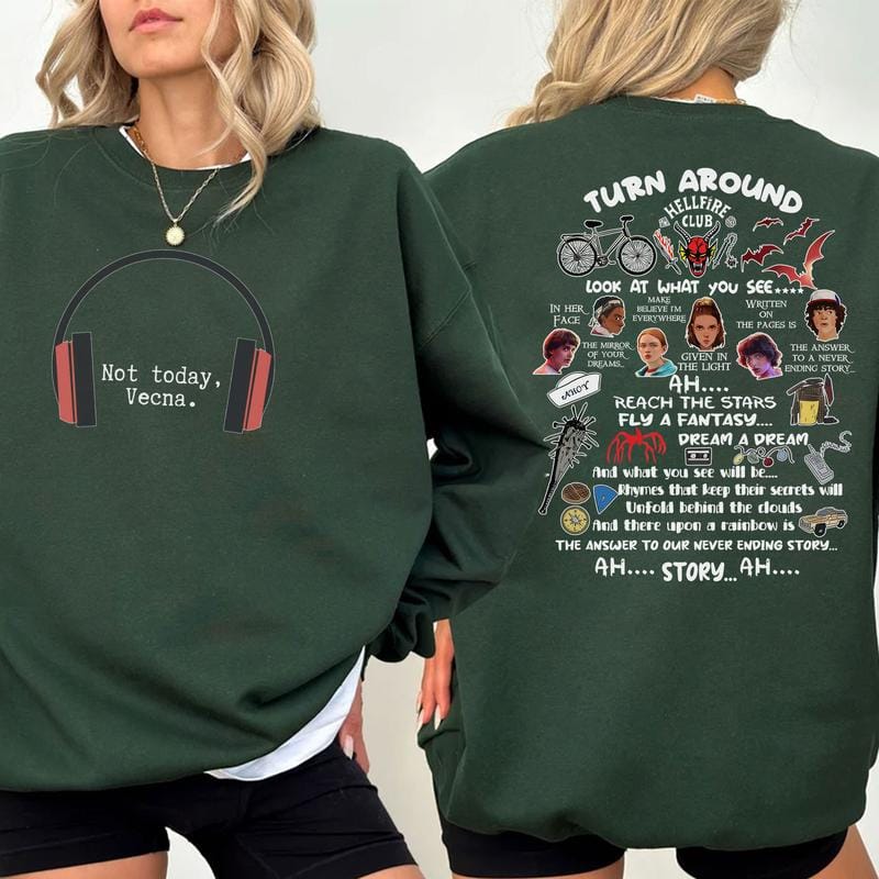 Lustiges „Not Today Vecna“-Shirt, „Never Ending Story“-Sweatshirt (2 Seiten), Weihnachtspullover, Retro-Grafik-Rundhalsausschnitt, Geschenk für Stranger Things-Fans, Hoodie 