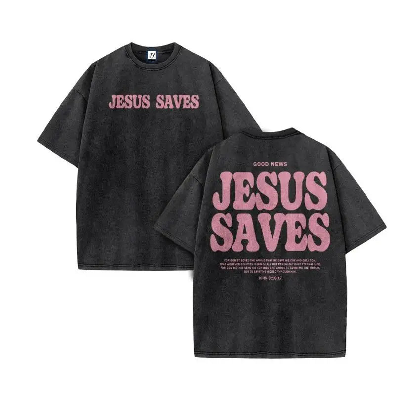 Unisex Jesus Saves Print Acid Washed T-shirt Breathable Tshirt Cotton