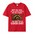 Women's Plus Size Funny Raccoon T-Shirt - "Not in Jail... Good Day" Sarcastic Graphic Tee - Soft Black Casual Top