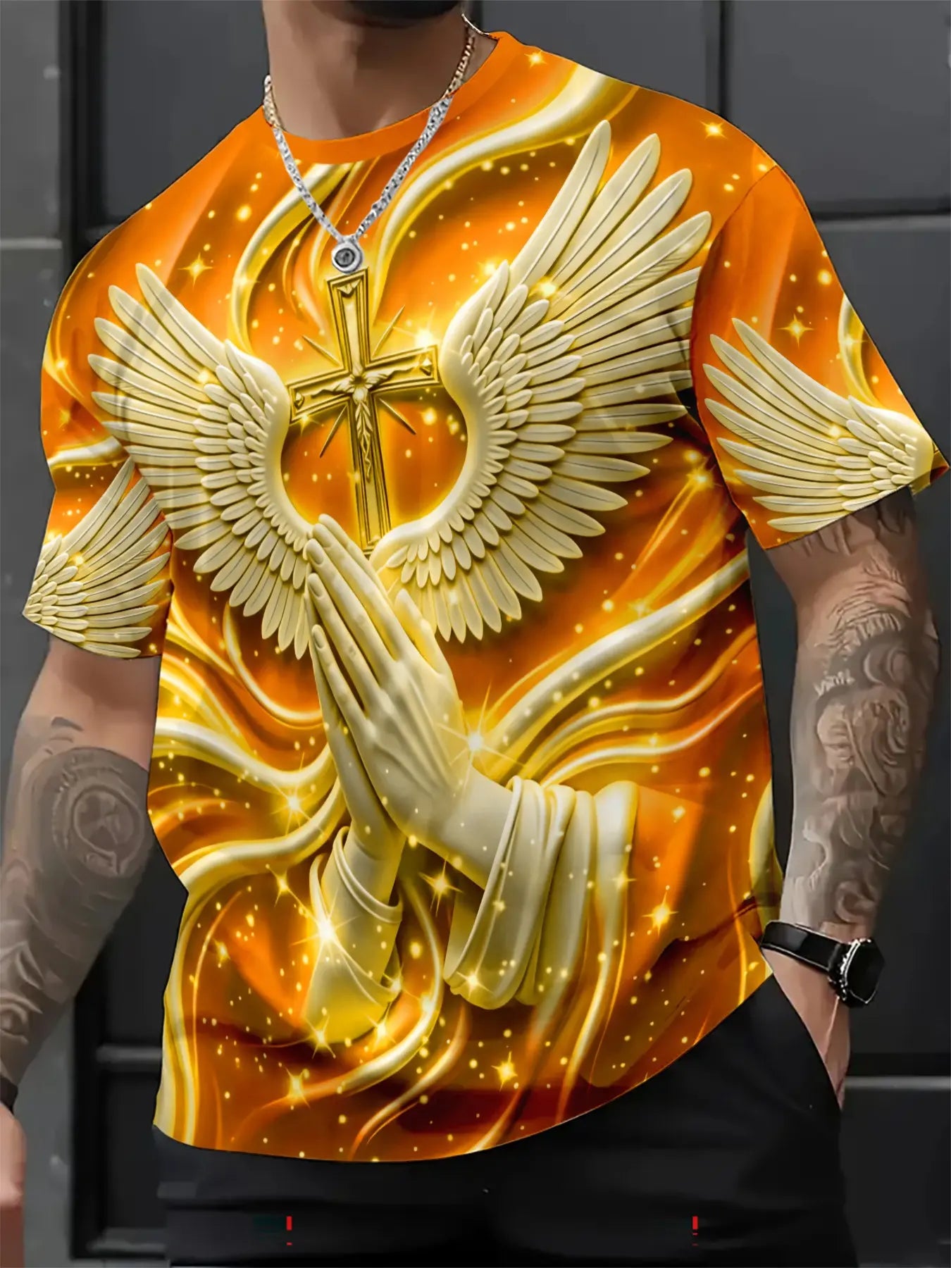 Men's 3D Cross & Angel Wings Graphic T-Shirt, Slim-Fit Short Sleeve Christian Crew Neck Summer Tee