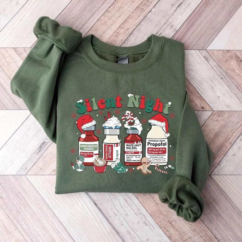 [T-Shirt oder Sweatshirt] Weihnachtspullover „Stille Nacht“, Weihnachtsshirt für Krankenschwestern, Weihnachts-T-Shirt für medizinisches Fachpersonal, Weihnachts-T-Shirt für Intensivpflegekräfte, Weihnachtspullover für Krankenschwestern 